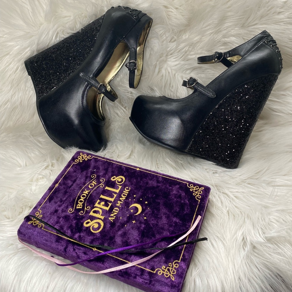 TUK Y2K Black Mary Jane Glitter Wedge Monster High Goth Heels